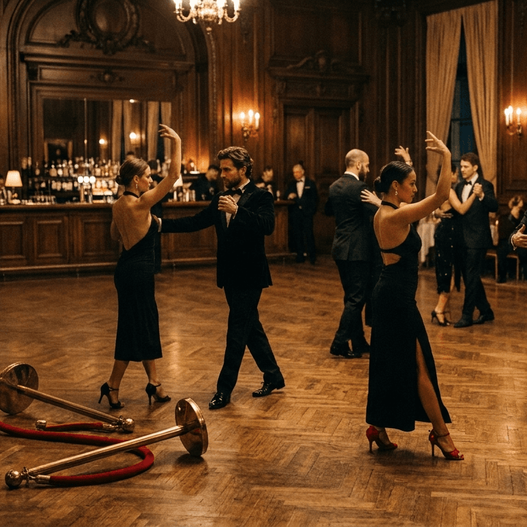 A ballroom with the velvet rope knocked down, dancers holding tango posture with no partner.